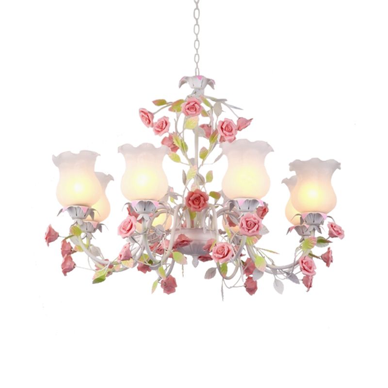 Rose Living Room Ceiling Chandelier Pastoral White Glass 8 Heads Pink Hanging Light Fixture