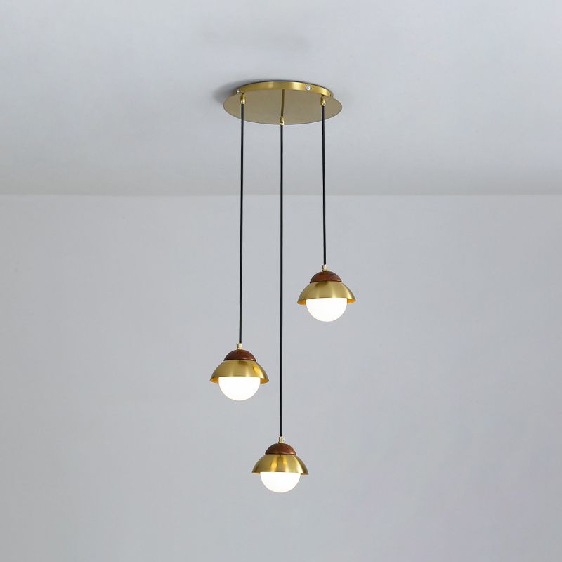 Metal Dome Multiple Lamp Pendant Simplicity 3-Bulb 12"/23.5" Width Brass Hanging Light Kit with Ball Opal Glass Shade