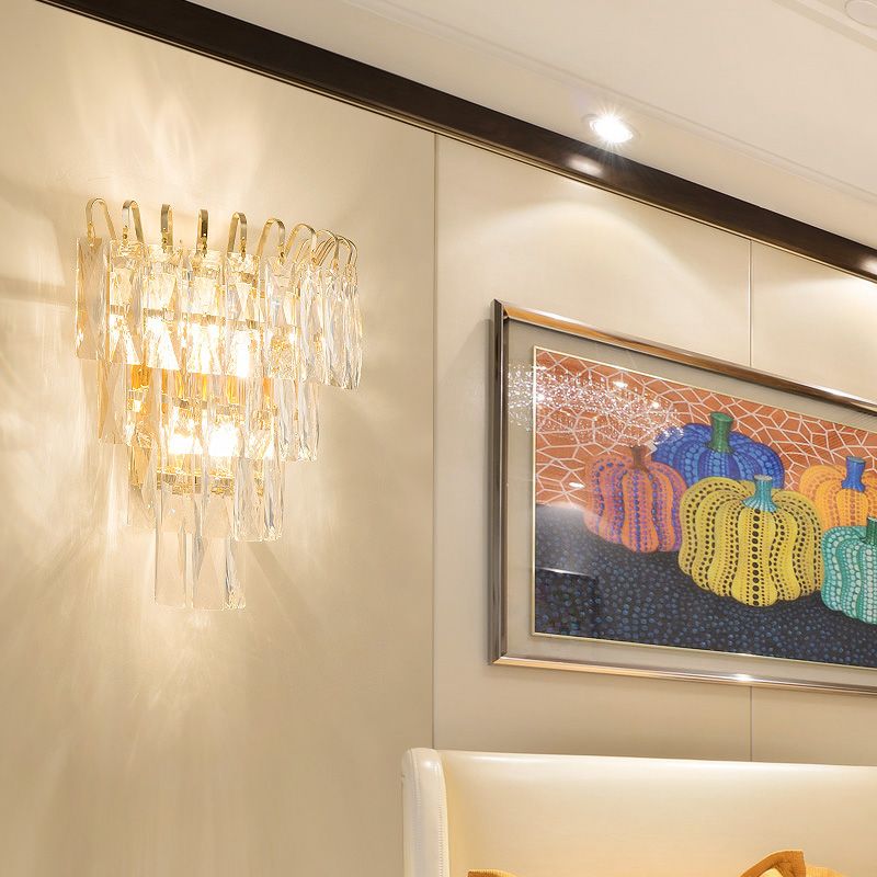 4 Tiers Wall Light Fixture Modern Rectangle-Cut Crystal 3 Heads Gold Sconce Light for Living Room