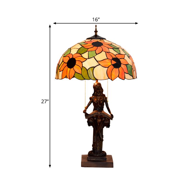Kleines Mädchen Reading Buchstisch Lampe 2 Lichter Harz Barock Pull-Chain-Nachttischlicht mit Sonnenblumenrot/Orange Glasschatten