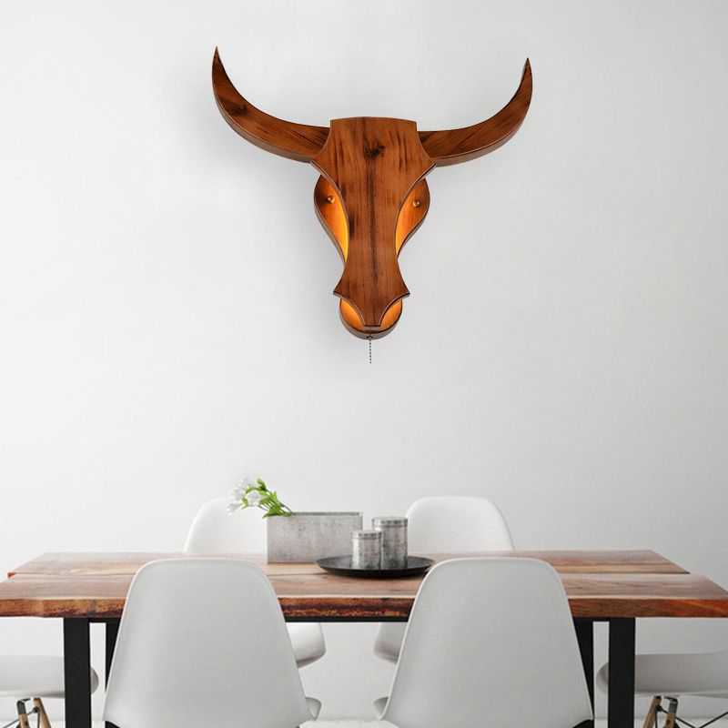 Brown One Light Sconce Light Industrial Wooden Bull Lighting Fixture for Dining Room, 16"/19.5" W
