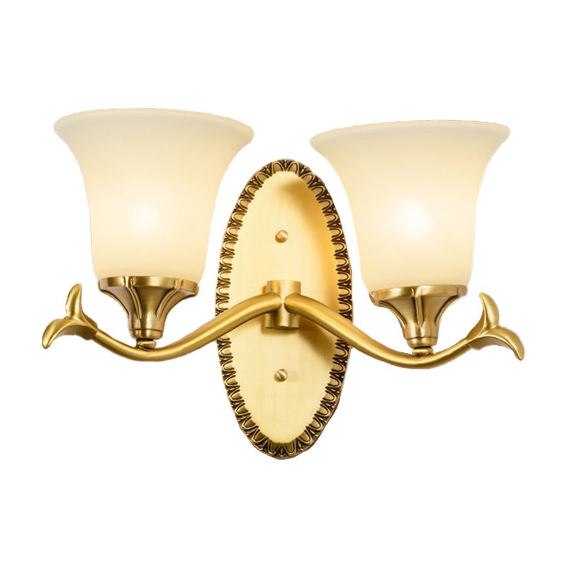 Countryside Bell Wall Lighting 1/2-Light Cream Glass Wall Mounted Lamp with Oval Backplate in Brass