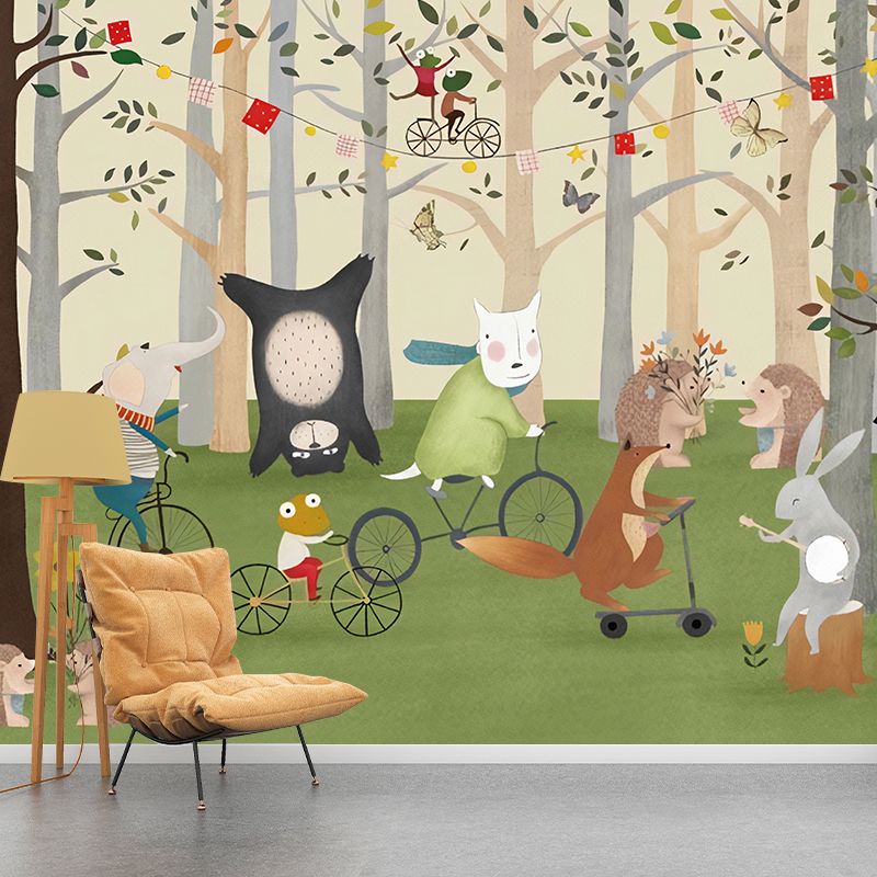 Fresh Animal and Forest Mural for Boy or Girl, Custom-Made Wall Covering in Beige and Green