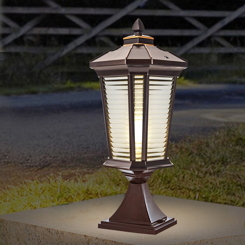 Metal Contemporary Pillar Lamp Pavilion Shape Outdoor Waterproof Light with Glass Shade