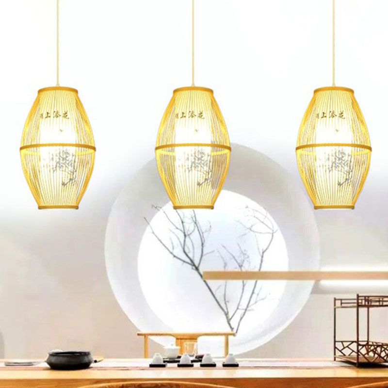 Handcrafted Ceiling Light Chinese Style Bamboo Single Restaurant Hanging Pendant Light in Wood