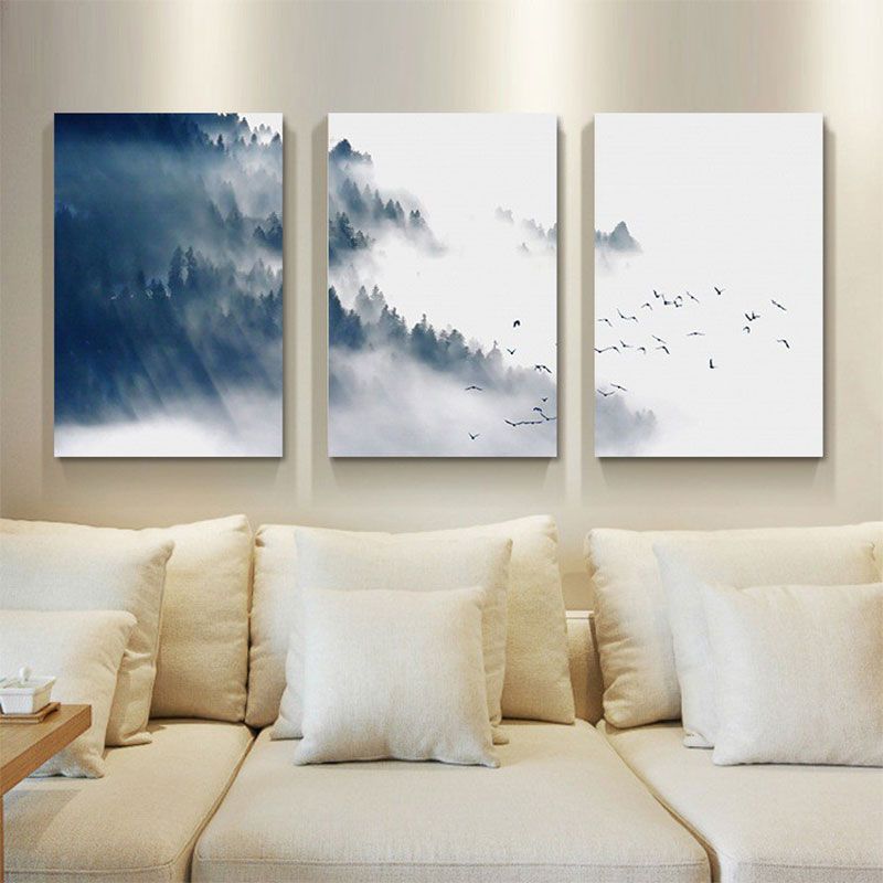 Asian Style Canvas Wall Art Black Bird Flock and Misty Forest Painting for Living Room