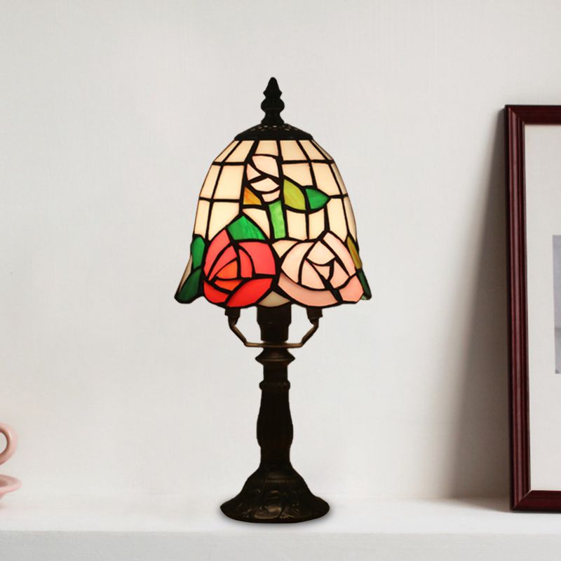 1 Bulb Night Lighting Baroque Bell Shade Stained Art Glass Table Light in Pink/Orange with Bloom Pattern for Bedside