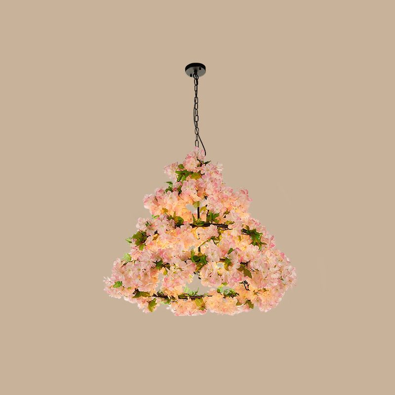 Iron Cone Cage Ceiling Lighting Industrial Restaurant Chandelier Light Fixture with Artificial Flower