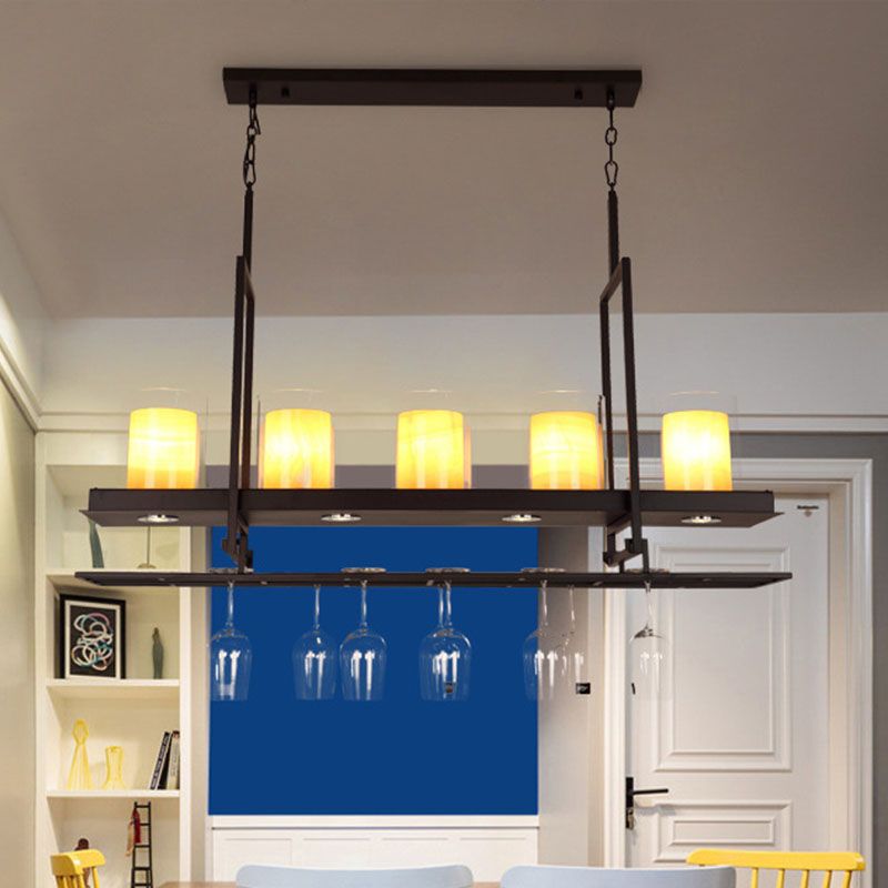 3/5 Heads Cylinder Island Light Traditional Black Marble Pendant Lighting Fixture with Metal Wine Glass Rack