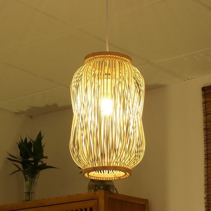 Beige Gourd Cage Pendant Lighting Chinese Style Single Bamboo Hanging Lamp over Table