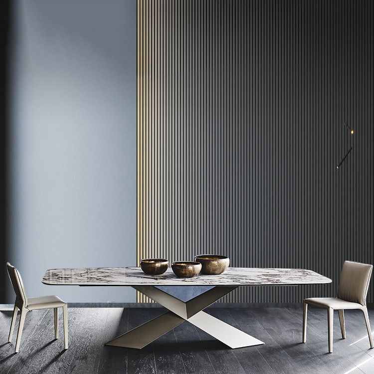 Modern Gray Stone Top Table Metal Base Rectangle Dining Table for Kitchen