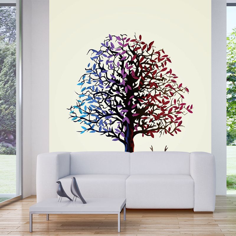 Large Art Deco Wallpaper Murals Blue and Purple Deer Under Tree Pattern Wall Covering, Custom Made