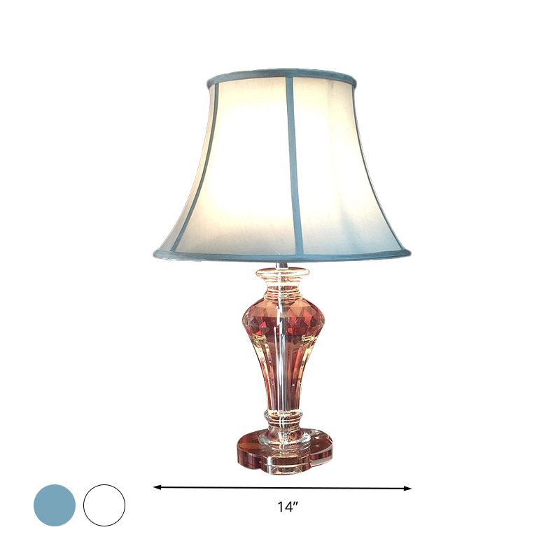 Tela blanca/azul lámpara de noche de estilo rural de lámpara de tela con base de cristal transparente