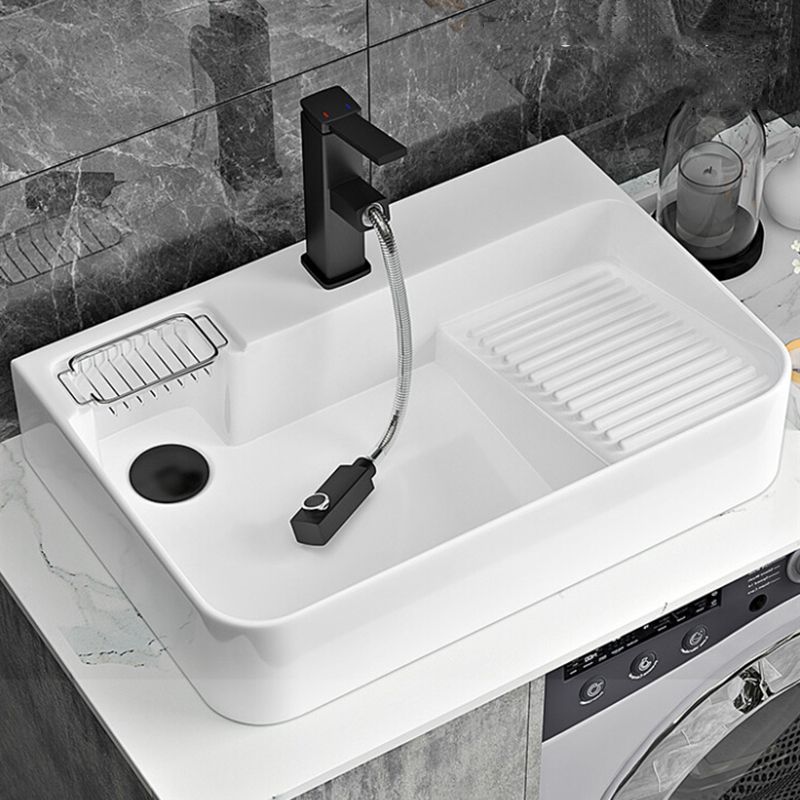 Contemporary Bathroom Sink Porcelain Solid Color Rectangular Vessel Sink with Pop-Up Drain