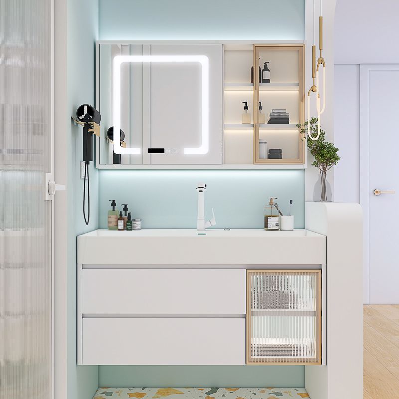 White Bathroom Vanity Mirror Rectangle Single Sink Wall Mount 2 Drawers Vanity with Door