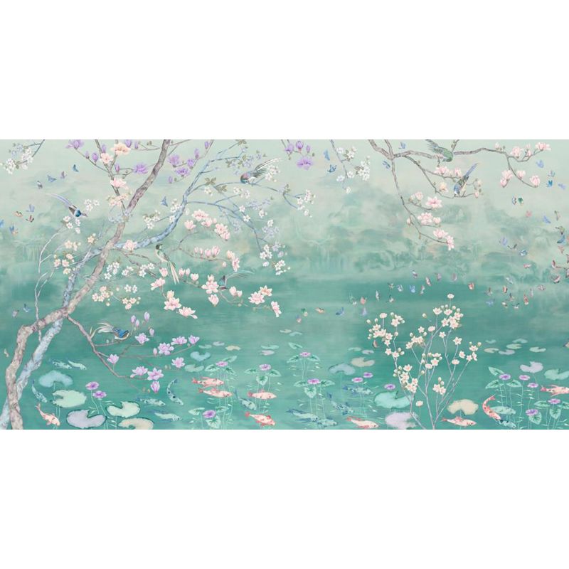 Spring Blossom Lotus Pond Mural Contemporary Waterproof Bedroom Wall Covering, Custom Made