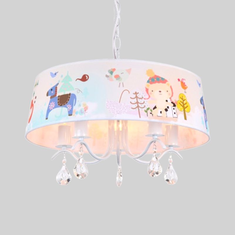 Tissu tambour plafond Carton de lustre 5 lumières Kit de lampe suspendue bleu avec motif d'animaux et gouttelettes en cristal