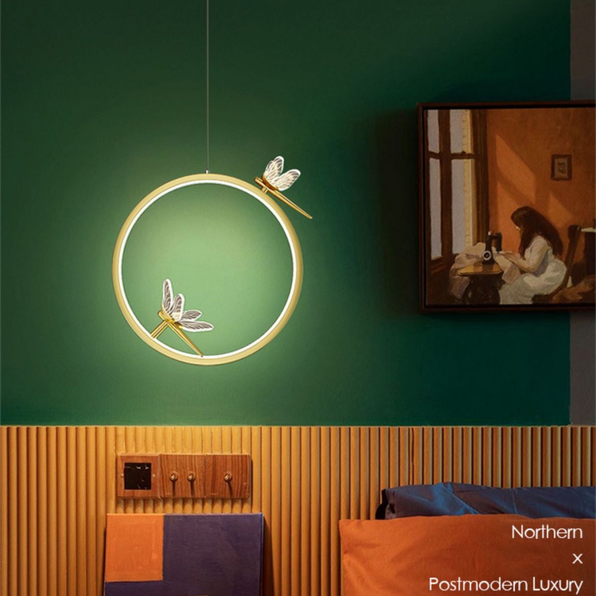 Anillo y libélula Led colgante artística simple acrílico lámpara colgante de la cama colgante