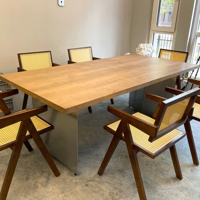 Mesa de comedor rectangular de color madera, mesa de madera maciza de pino, lujo con pedestal doble