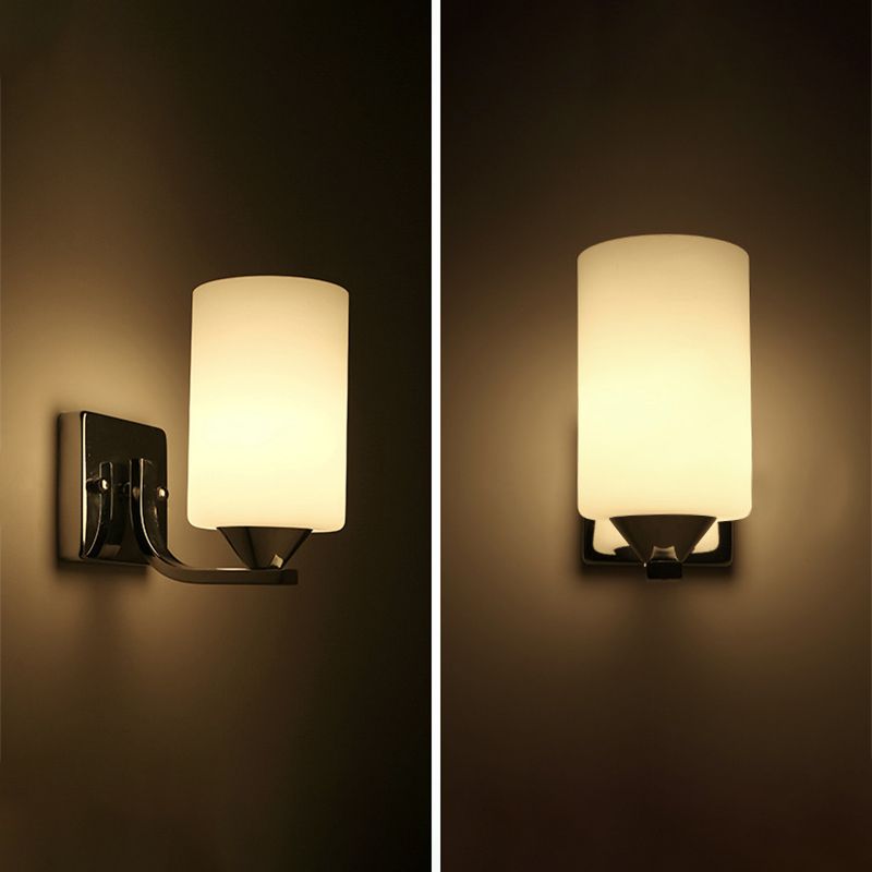 Milk White Cylindrical Glass Wall Lamp Contemporary Simplicity Style Sconce Lighting Fixture in Polished Silver