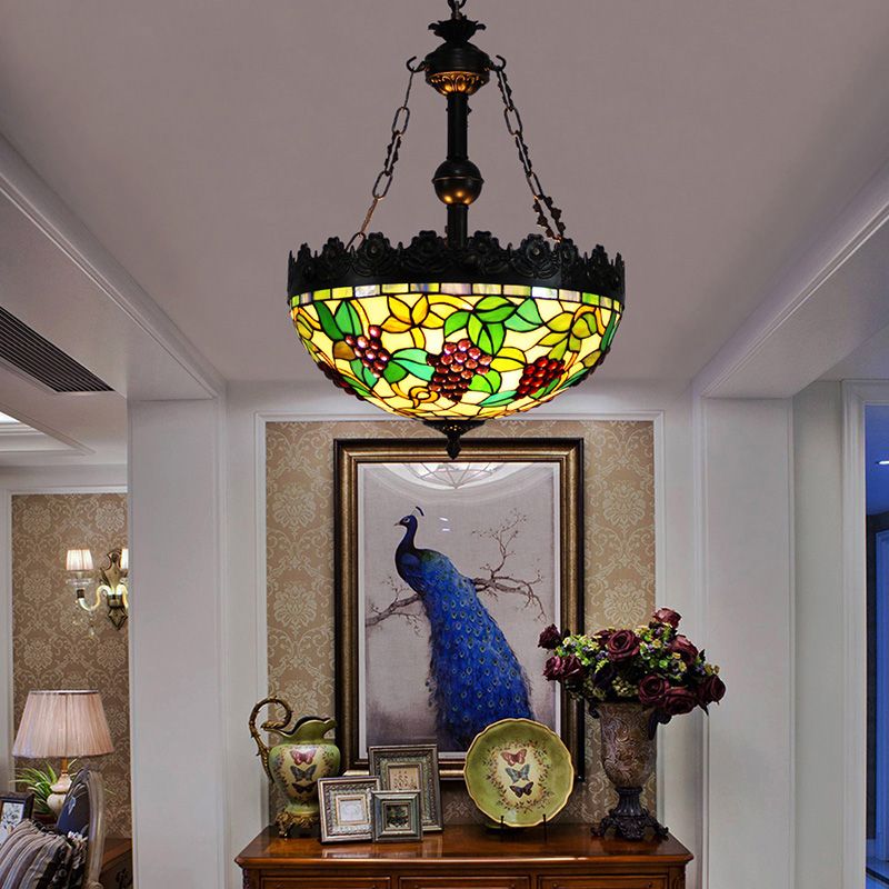 Green 3 luci lampadario Apparecchiatura illuminazione Tiffany macchiata di vetro pendente sospeso per soggiorno