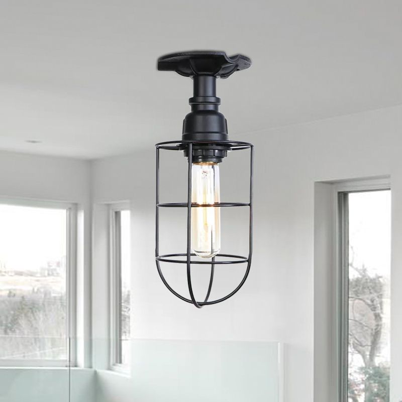 Black / Bronze 1 Bulb Semi-Flush Mount Light Vintage Metal Wire Guard Ceiling Mounted Light for Corridor