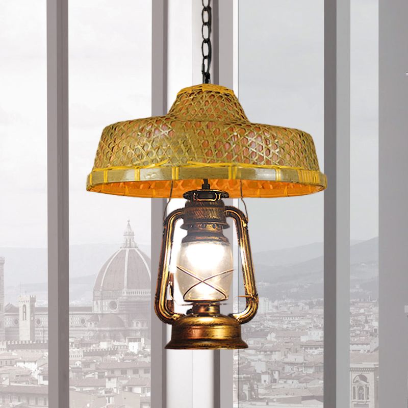 Lámpara colgante en forma de sombrero del sudeste asiático Rattan 15 "/16.5" W 1 cabeza de colgante interior con sombra de linterna en beige