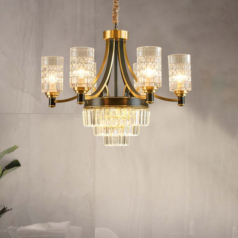 6 Bulbs Ceiling Pendant Retro Living Room Chandelier with Cylinder Clear Glass Shade in Gold