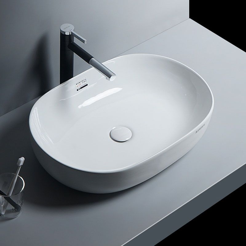 White Vessel Sink Faucet Porcelain Bathroom Sink with Pop-Up Drain