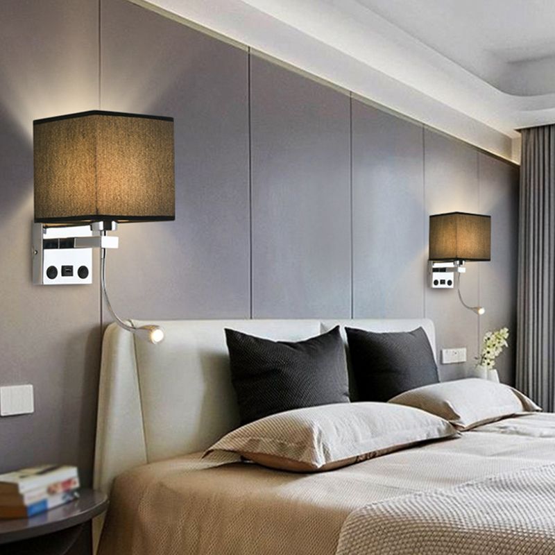 Modern Metal Wall Sconce Square Shape Wall Light with Fabric Shade for Bedroom