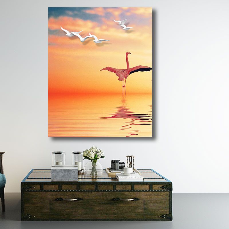 Tropical Flamingo and Seagull Canvas Orange Decorative Art Print for Living Room