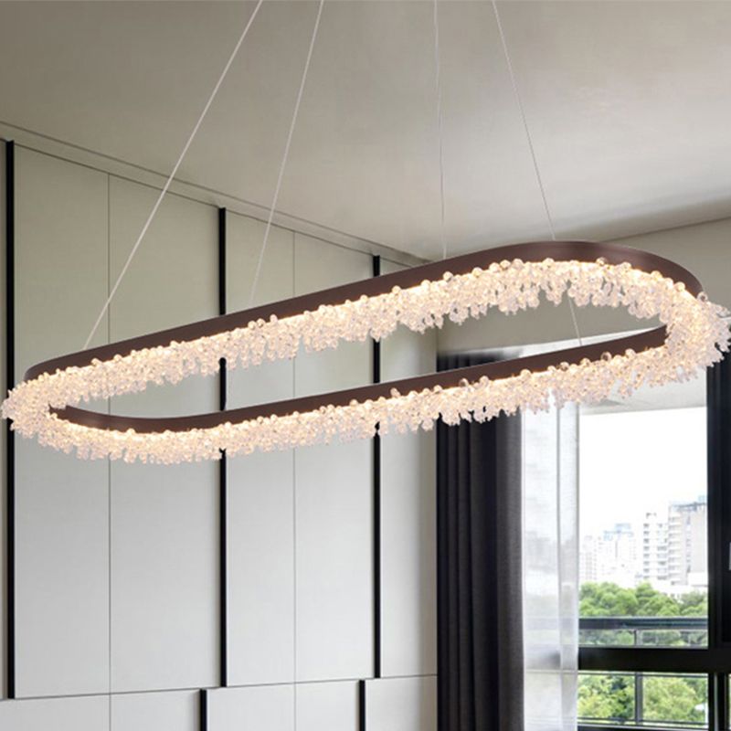 Elliptischer Kronleuchter anheizt helles zeitgenössisches kristallbraunes LED -Federlampe in warmem/weißem/natürlichen Licht, 35,5 "/47" breit