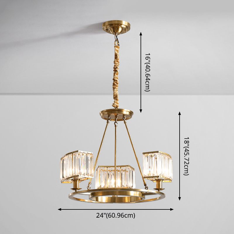 Polished Brass Round Chandelier Lighting Fixtures with 15" Adjustable Cord Modern Clear Crystal Pendant