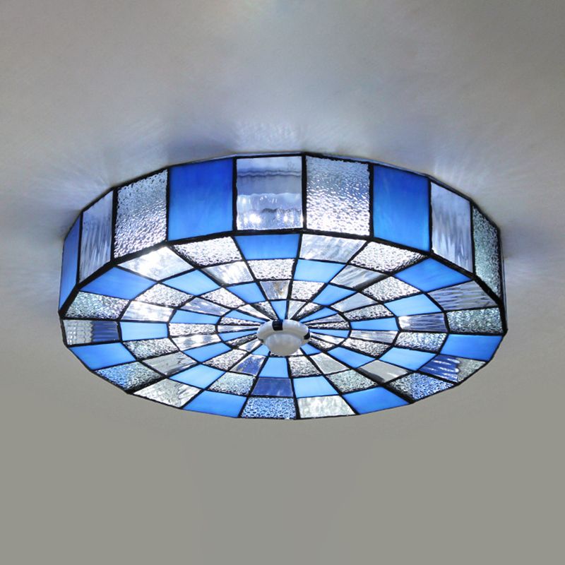 Luz de techo redondo Luz rústica vidriada 1 Luz de techo de montaje ligero en azul/blanco para dormitorio