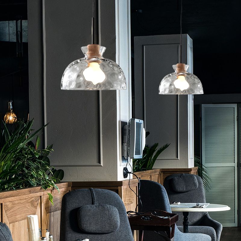 Ripple Glass Black Hanging Lamp in Modern Artistic Style Wooden Geometric Pendant Light