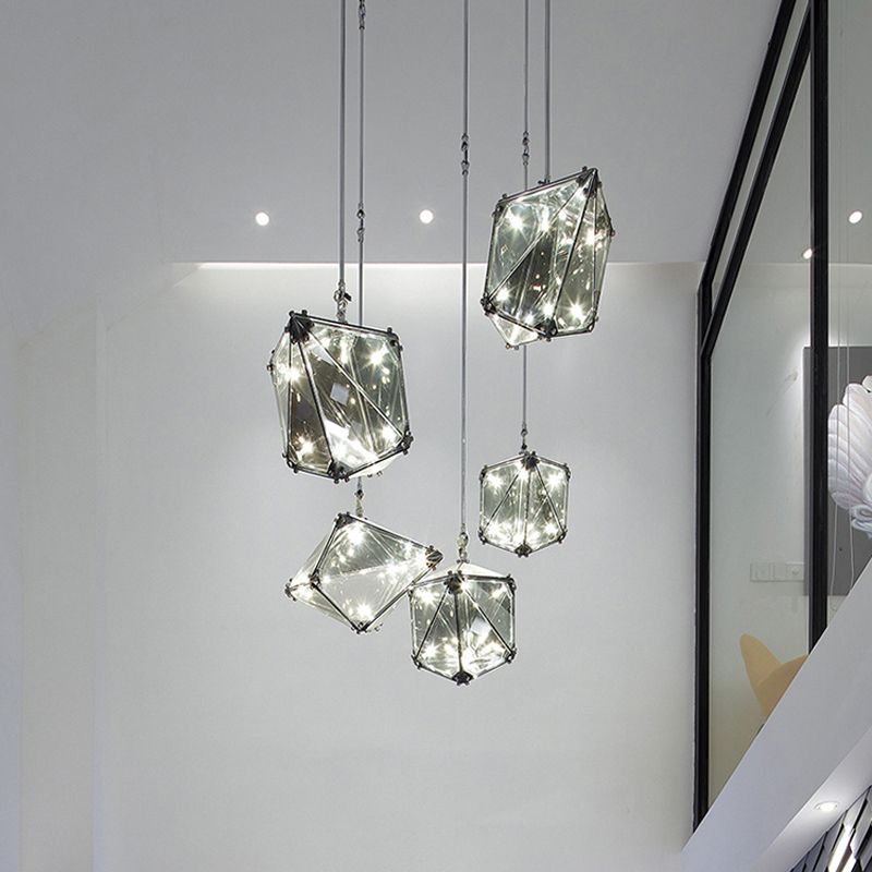 Gemstone Smoky Grey Glass Down Lighting Post-Modern Single-Bulb Black Hanging Ceiling Light