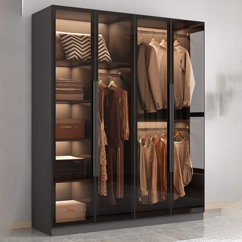 Modern Wooden Frame Wardrobe Freestanding Multifunctional Wardrobe Tempered Glass Doors