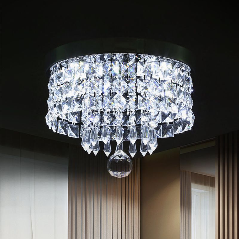 Drum Layered Flush Mount Light Crystal Glam Ceiling Light Fixture in Chrome