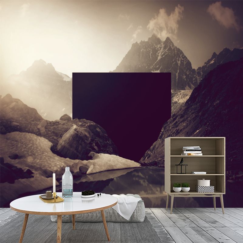 Modernist Landscape Wallpaper Mural Brown Mountain and Lake Scene Wall Decoration