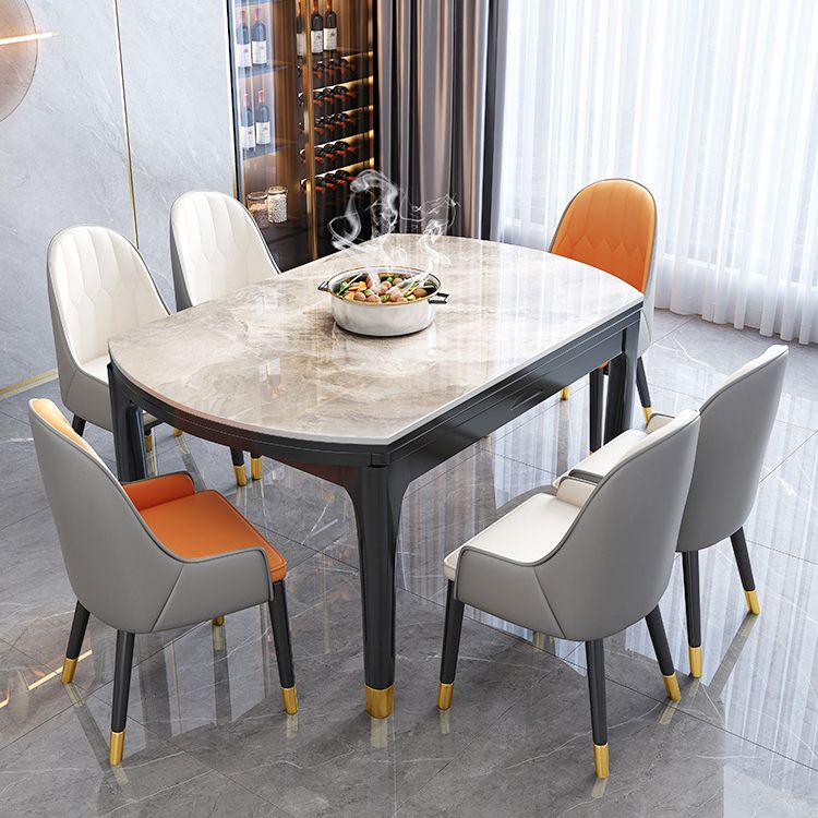 Modern Extendable Grey Stone Top Dining Table with 4 Black Steel Legs