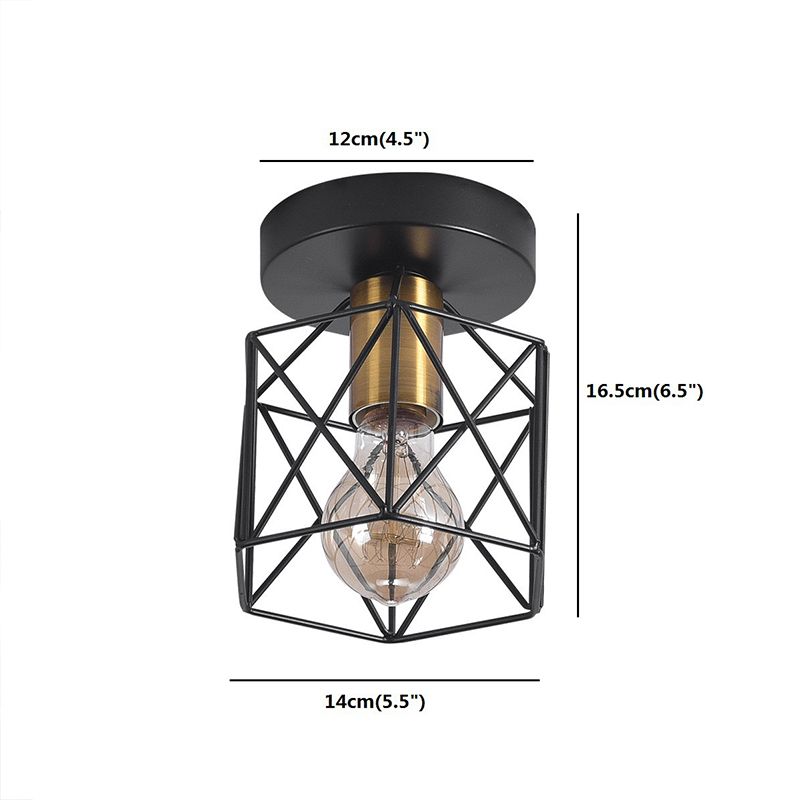 Hexagonal Balcony Ceiling Light Industrial Iron 1-Bulb Semi Flush Mount Light Fixture