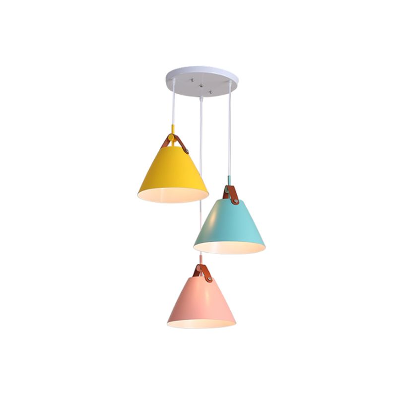 Métal en forme de frustum Macaron de lumière suspendue 3 bulbes Blue-rose jaune / pendant noir-grey-blanc dans une lumière chaude / blanche, canopée ronde / linéaire