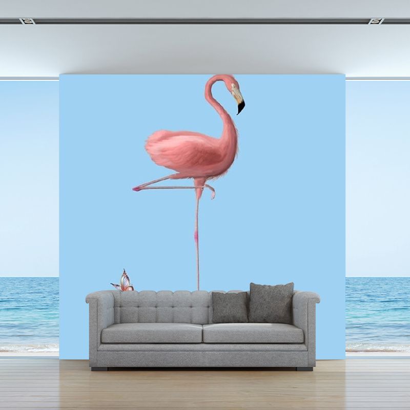 Full Size Modern Wall Mural Decal Pink-Blue Flamingo Stand on Flower Ball Wall Covering, Custom Size
