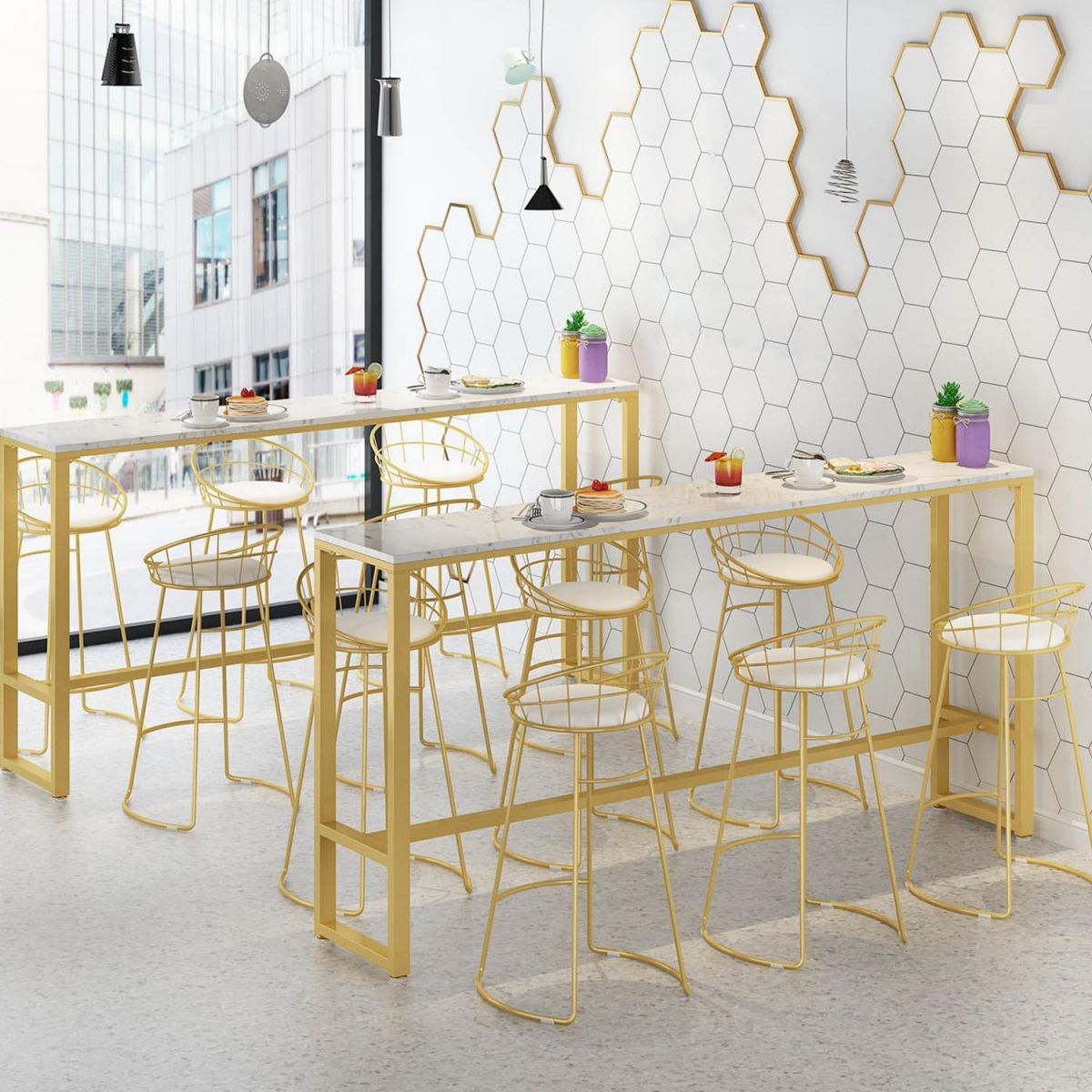 Modern Marble Bar Table Set 1/2/7 Pieces Rectangle White Trestle Table and Stool Set