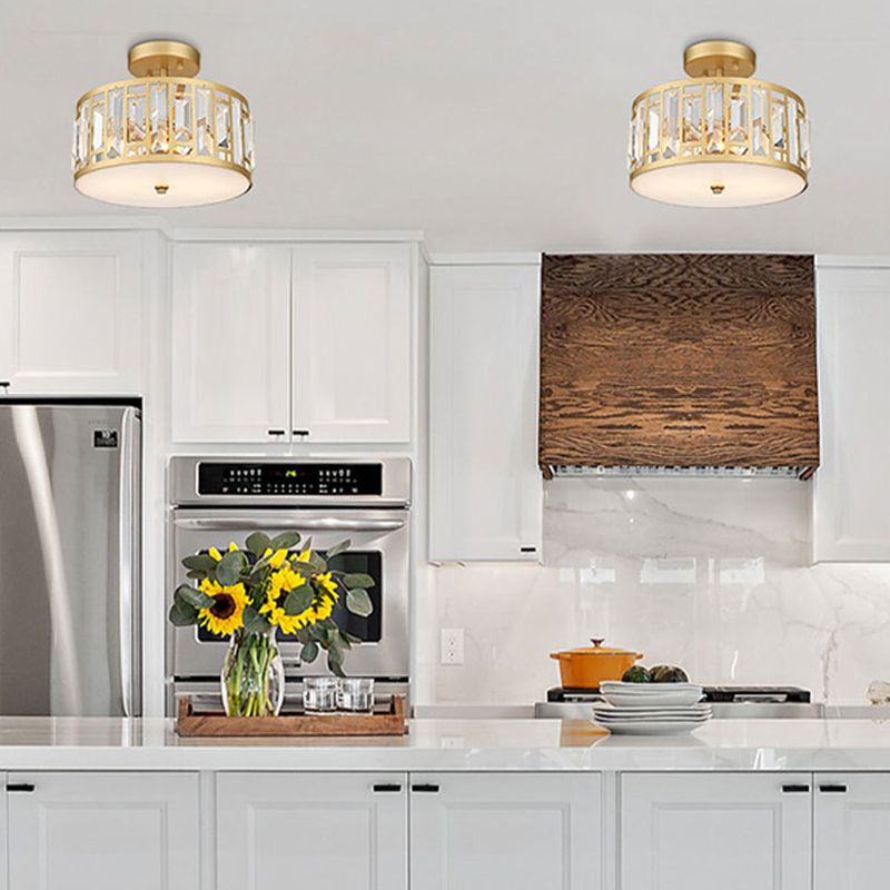 Crystal Semi Flush Contemporary 2 - Light Drum Ceiling Semi Flush in Gold