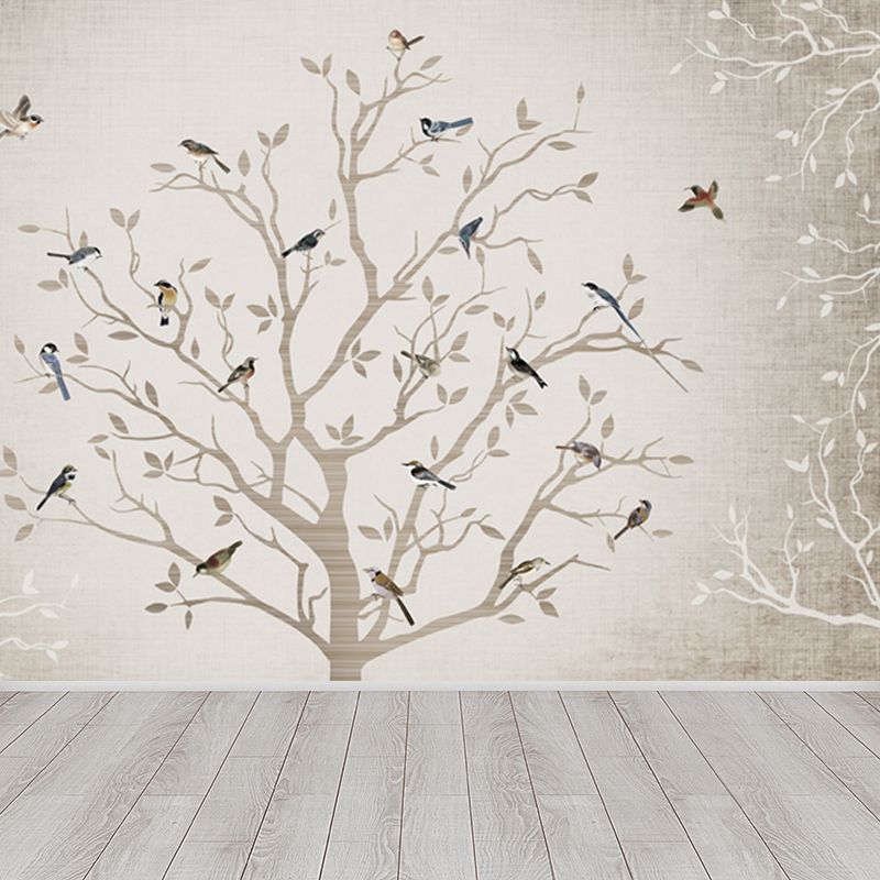 Non-Woven Whole Grey Mural Modern Bare Tree with Birds Wall Covering, Made to Measure