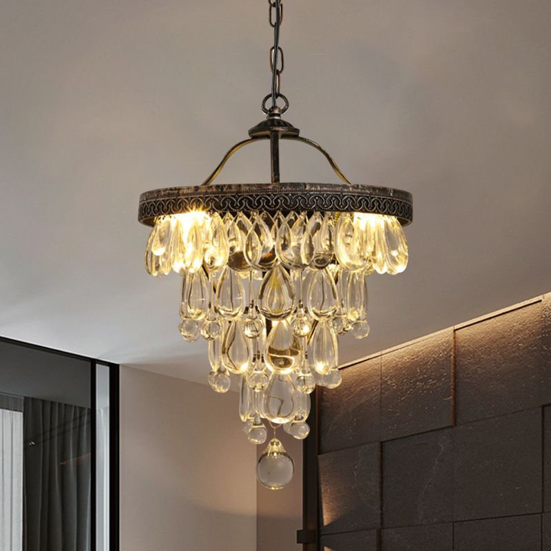 Teardrop Living Room Chandelier Light Fixture Countryside Clear Crystal 3-Light Bronze Hanging Lamp with Layered Design