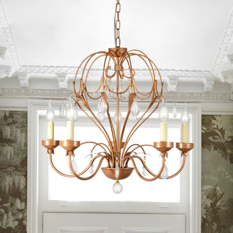 Brass 5/6 Lights Chandelier Light Fixture Traditional Metal and Crystal Candle Pendant Lamp for Dining Room