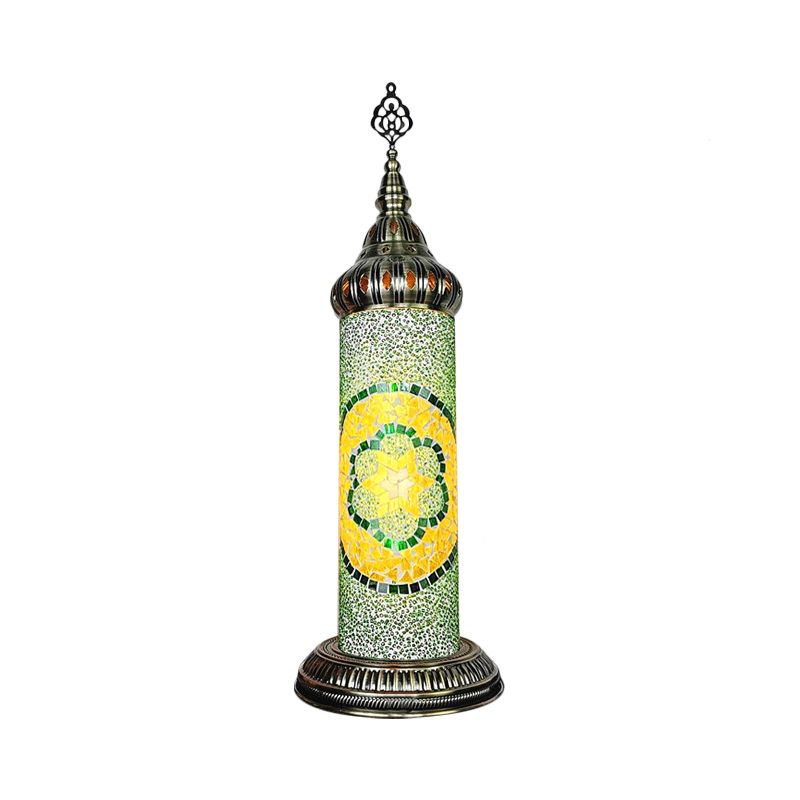 Lámpara de mesa de dormitorio de cilindro Vidroma manchado tradicional Amarillo/azul/LED de LED verde luz