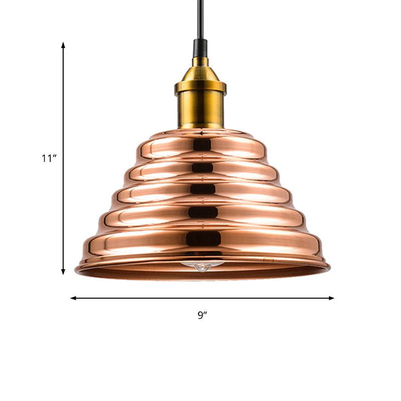 Ribbed Cone Shade Ceiling Lighting Modern Metal 1 Light Rose Gold Bedroom Hanging Pendant Light